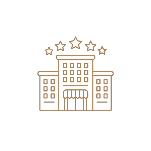 Ícone com três prédios de hotel e cinco estrelas acima