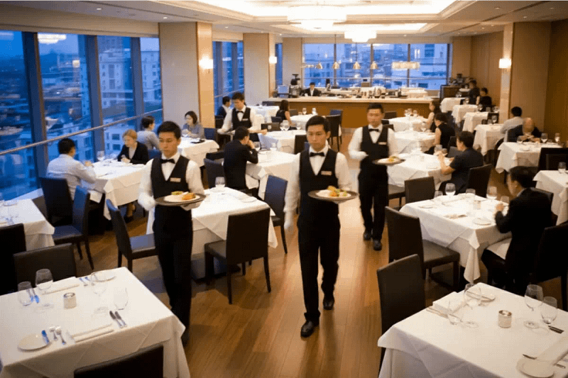Garçons andando pelo salão de restaurante, representando o movimento e atendimento de qualidade em São Paulo.